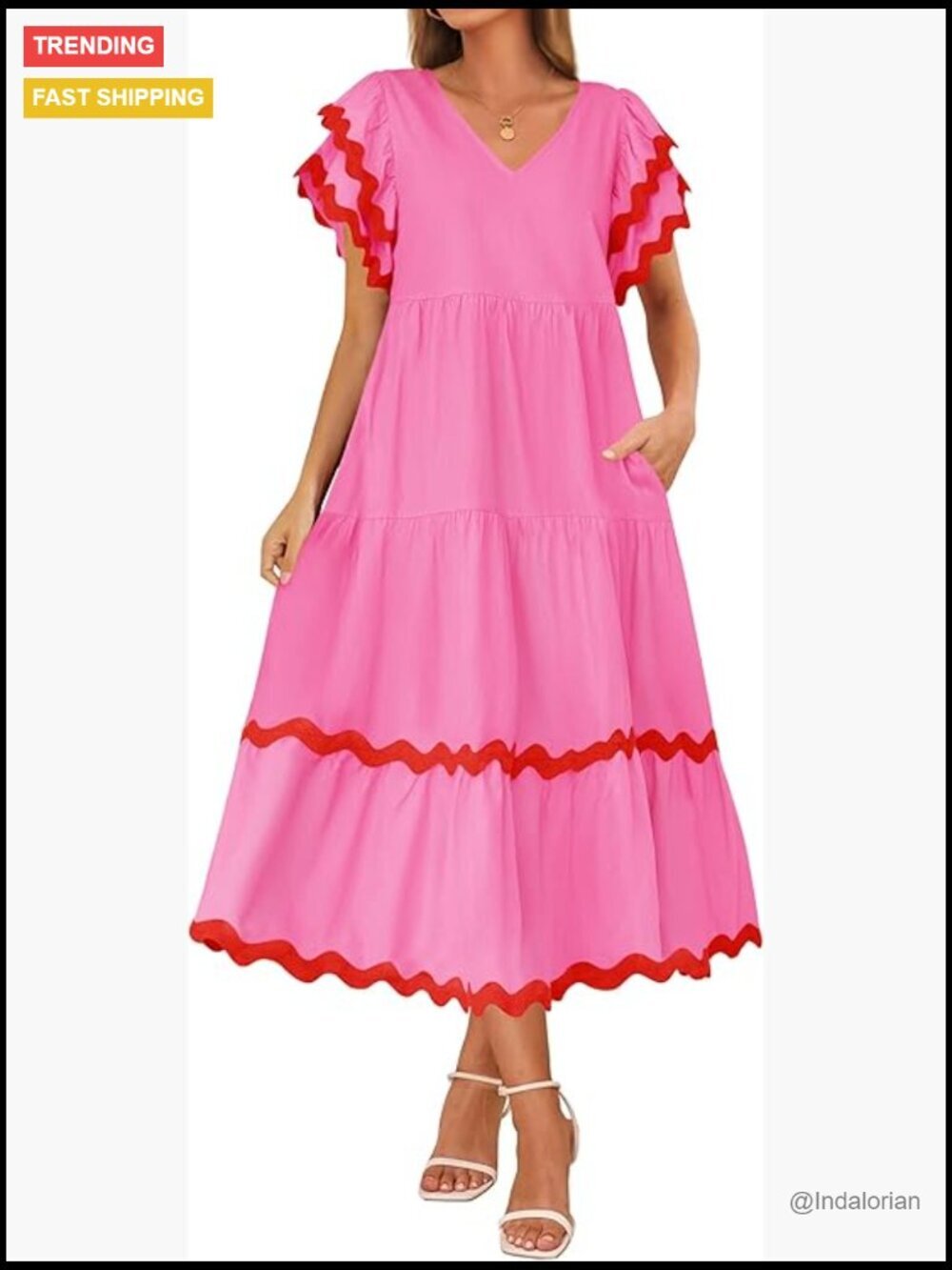 V Neck Flutter Short Sleeve Ruffle Tiered A Line Flowy Midi Dress